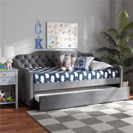 Baxton Studio Baxton Studio Freda-Grey Velvet-Daybed-T-T Freda Traditional & Transitional Fabric Upholstered Button Tufted Daybed with Trundle; Grey Velvet - Twin Size Freda-Grey Velvet-Daybed-T/T